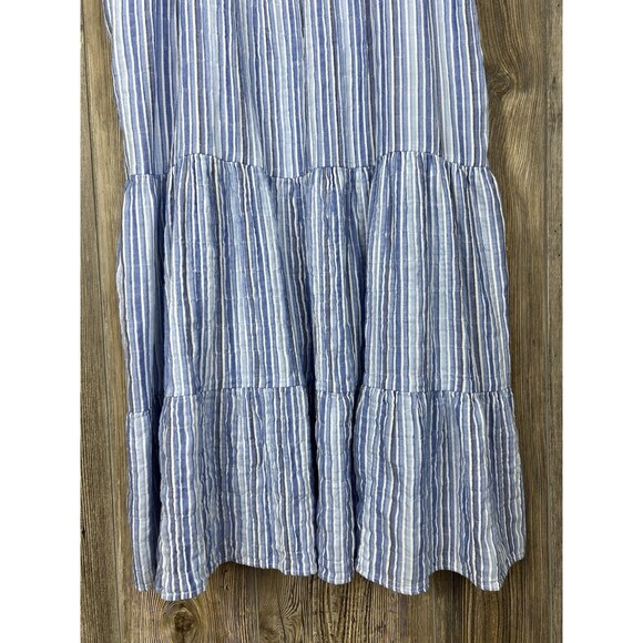 Elliot Lauren Midi Dress L Blue/White Stripe Sleeveless Tiered Ruffled Chambray - Picture 3 of 14